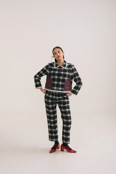 Bundling Set: Tabitha Green Checked Crop Jacket + Kelly Pants Checked Green