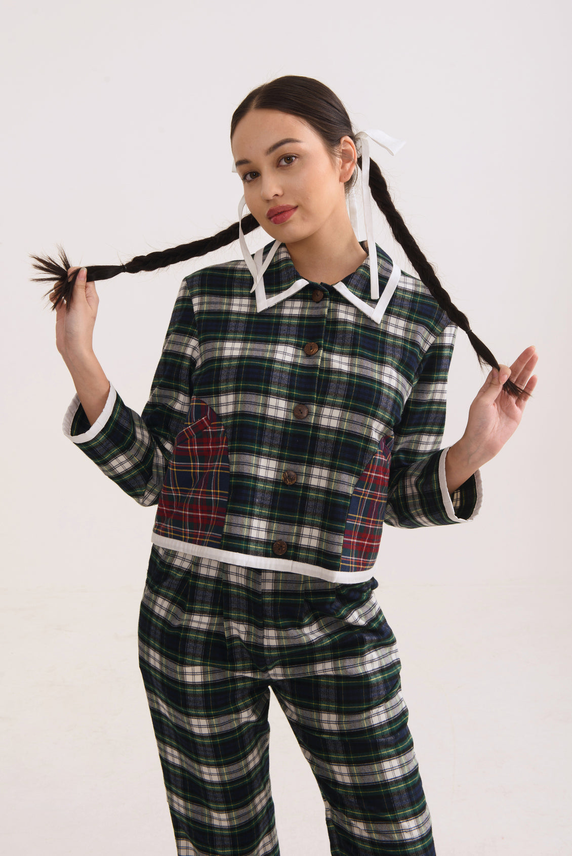 Bundling Set: Tabitha Green Checked Crop Jacket + Kelly Pants Checked Green